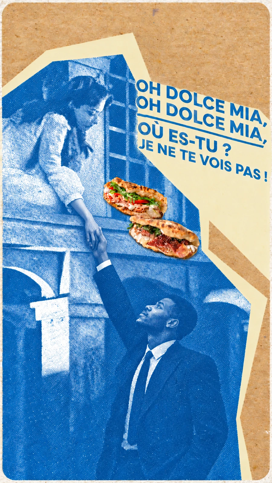 Affiche Oh Dolce Mia : une rencontre romantique au balcon, en collage photographique bleu et crème, avec deux panuozzos