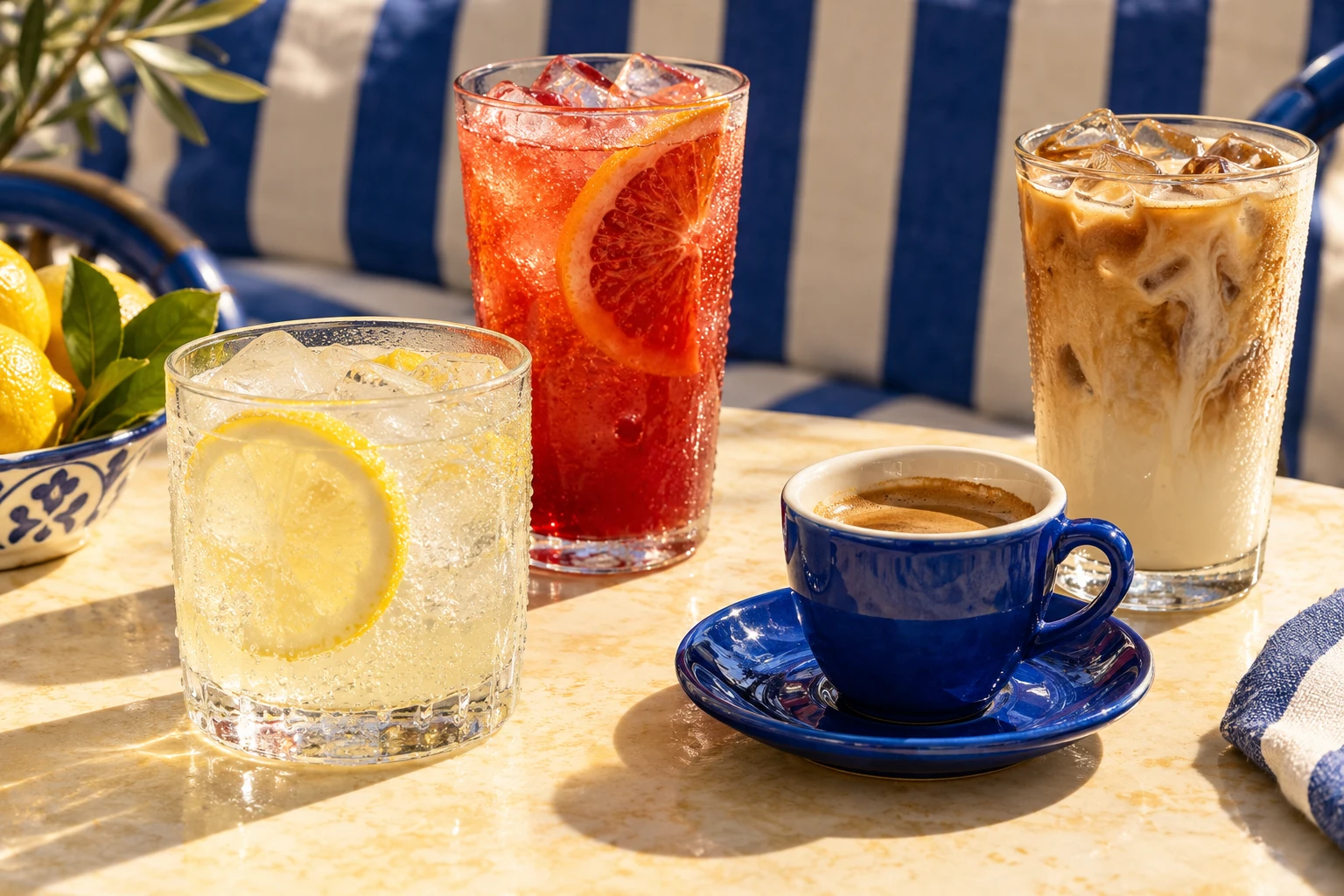 Limonade citron, soda à l’orange sanguine, espresso et latte glacé sur une table crème et bleue