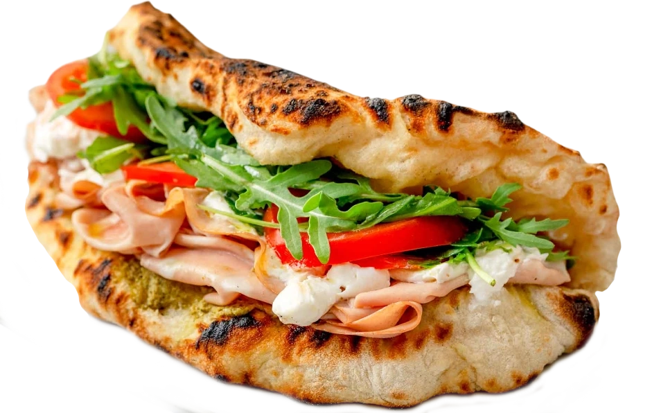 Panuozzo au pain doré, mortadelle, roquette, tomate et fromage crémeux
