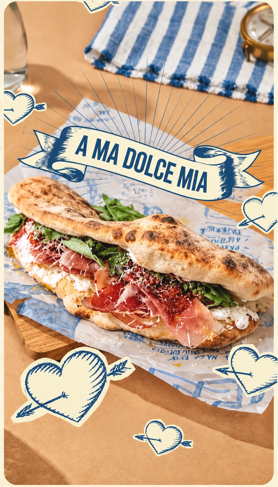 Tableau A ma Dolce Mia : un grand panuozzo sur papier bleu, entouré de cœurs et d’un ruban de déclaration