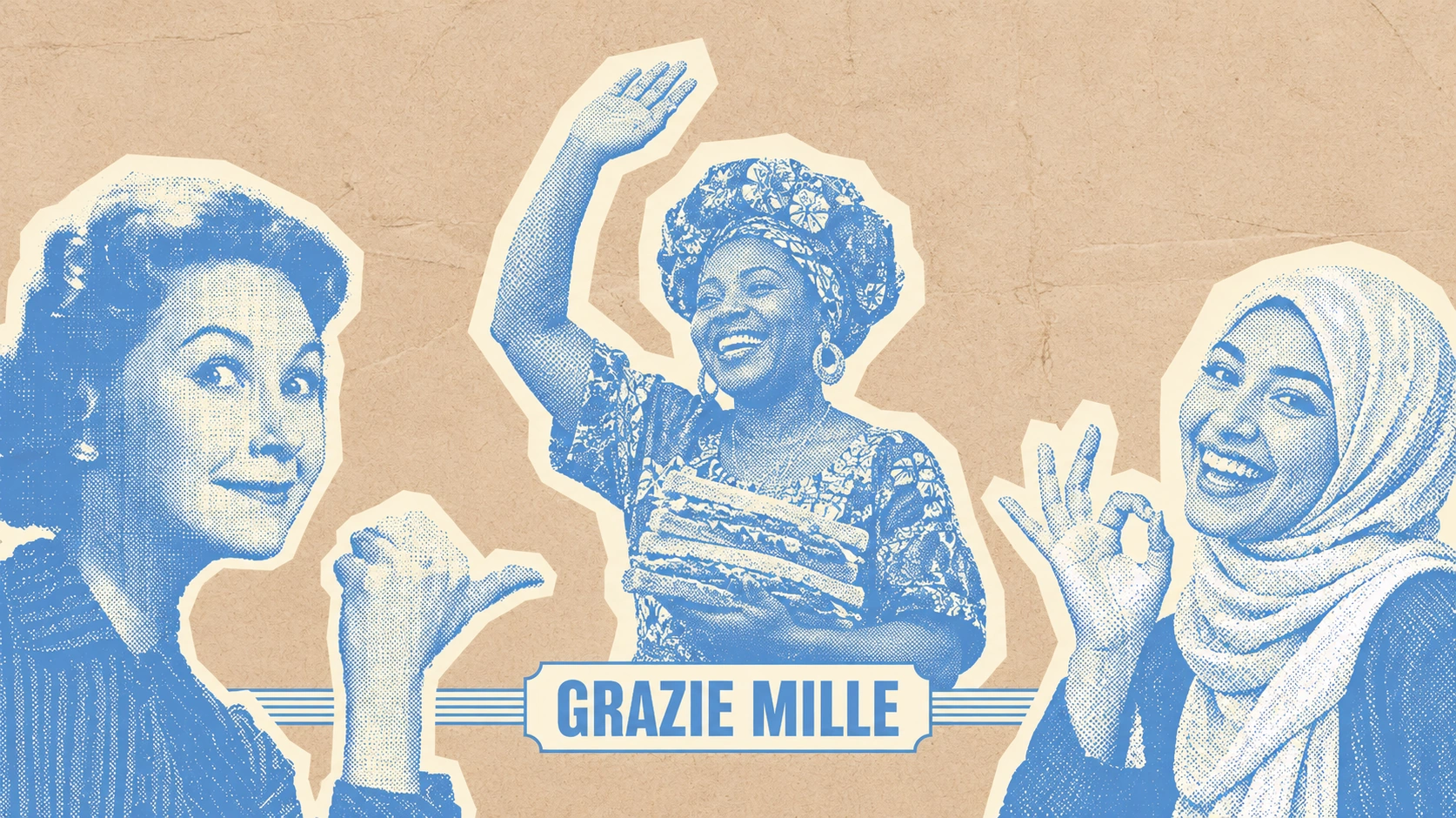 Tableau Grazie mille : collage bleu de trois femmes de cultures différentes, souriantes, sur papier kraft